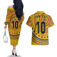 Custom Colombia Football Couples Matching Off The Shoulder Long Sleeve Dress and Hawaiian Shirt Sporty Vueltiao Hat
