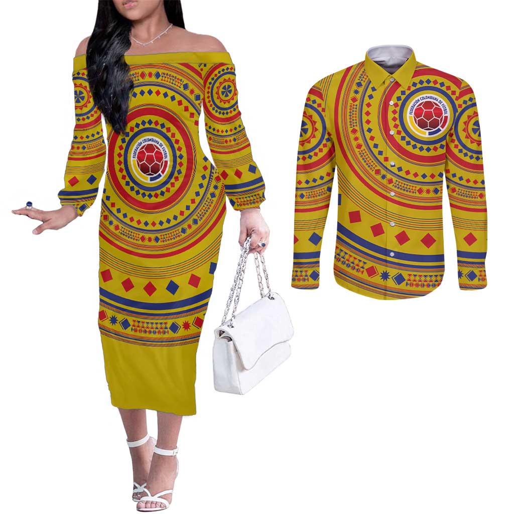 Custom Colombia Football Couples Matching Off The Shoulder Long Sleeve Dress and Long Sleeve Button Shirt Sporty Vueltiao Hat
