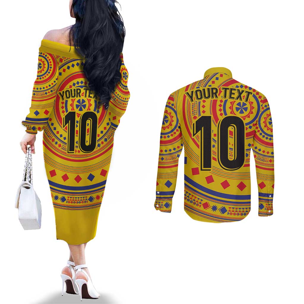 Custom Colombia Football Couples Matching Off The Shoulder Long Sleeve Dress and Long Sleeve Button Shirt Sporty Vueltiao Hat