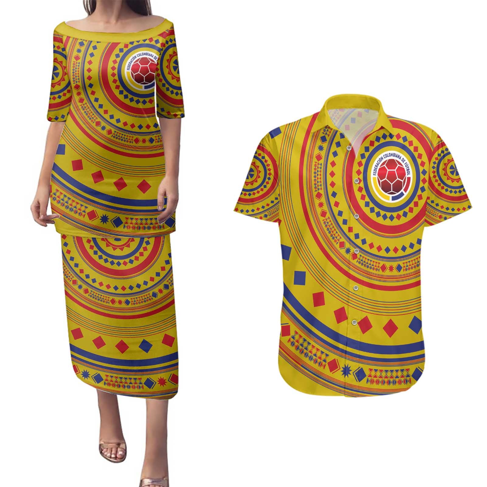 Custom Colombia Football Couples Matching Puletasi and Hawaiian Shirt Sporty Vueltiao Hat