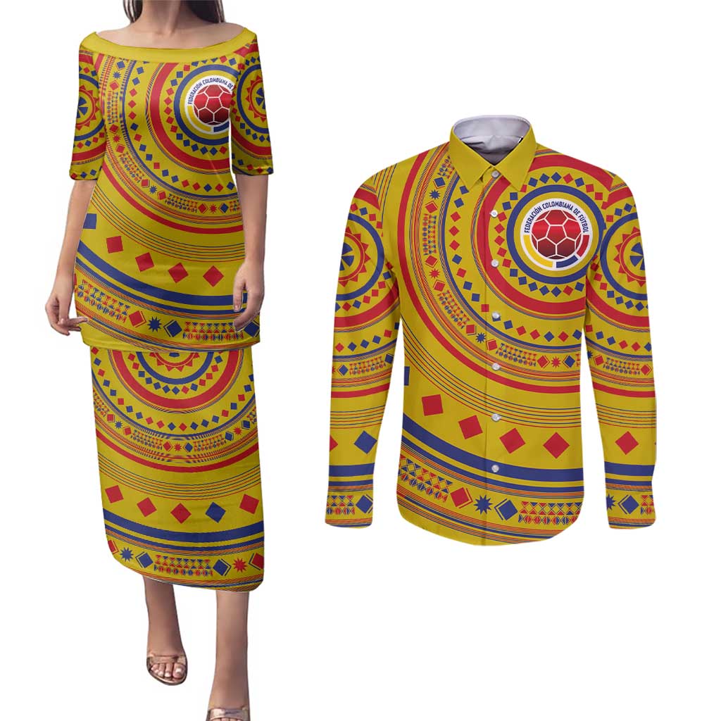 Custom Colombia Football Couples Matching Puletasi and Long Sleeve Button Shirt Sporty Vueltiao Hat