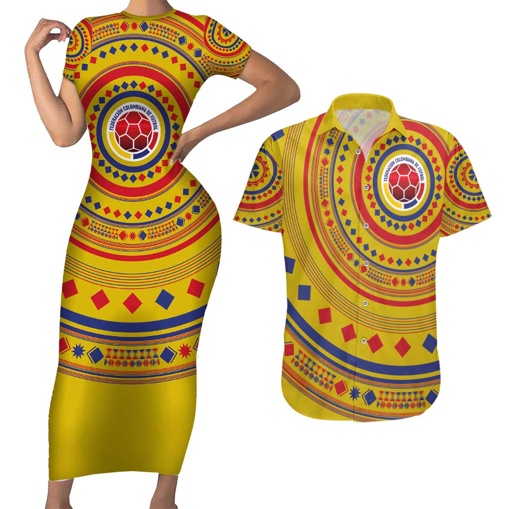 Custom Colombia Football Couples Matching Short Sleeve Bodycon Dress and Hawaiian Shirt Sporty Vueltiao Hat