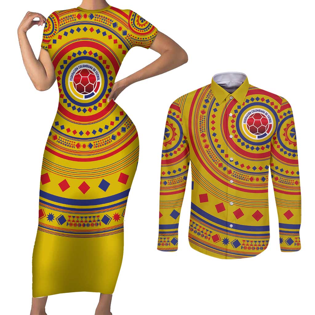 Custom Colombia Football Couples Matching Short Sleeve Bodycon Dress and Long Sleeve Button Shirt Sporty Vueltiao Hat