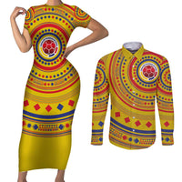 Custom Colombia Football Couples Matching Short Sleeve Bodycon Dress and Long Sleeve Button Shirt Sporty Vueltiao Hat