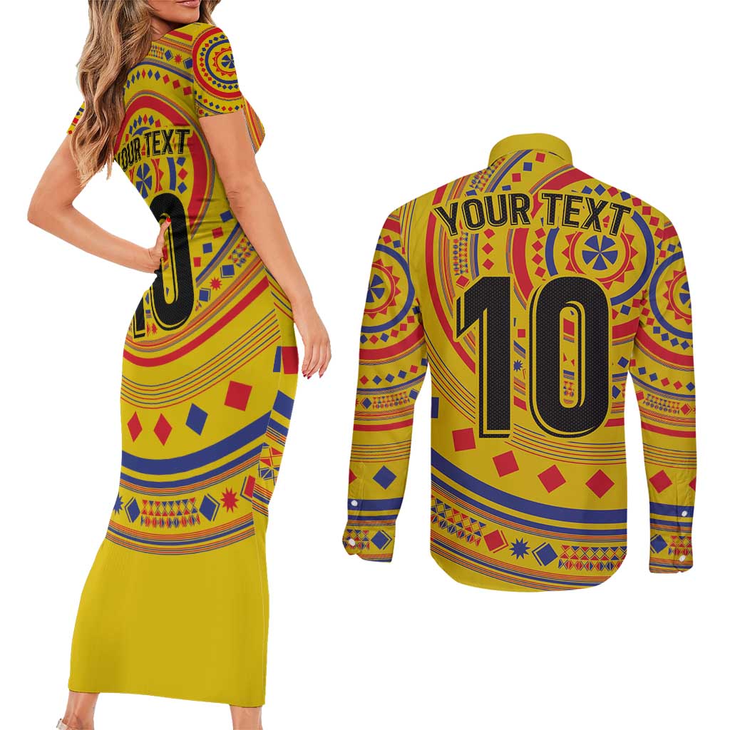 Custom Colombia Football Couples Matching Short Sleeve Bodycon Dress and Long Sleeve Button Shirt Sporty Vueltiao Hat