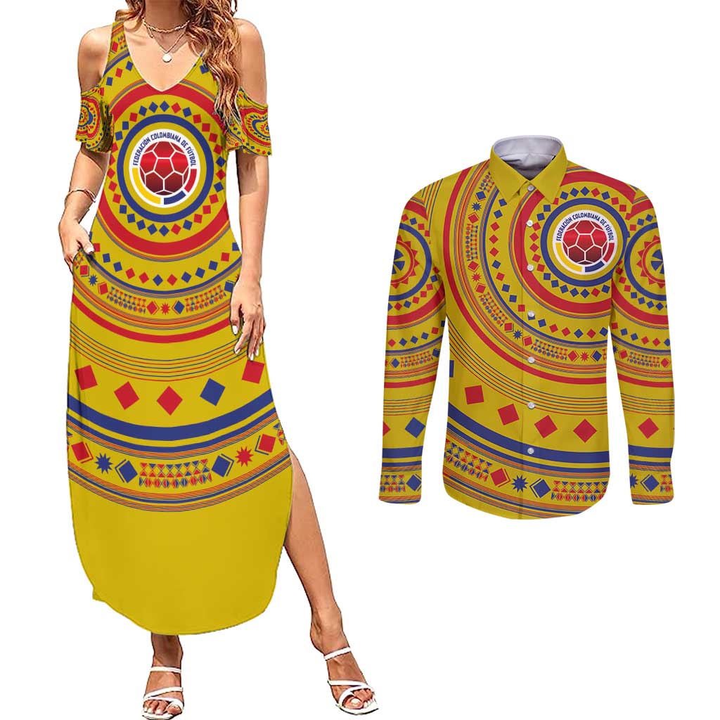 Custom Colombia Football Couples Matching Summer Maxi Dress and Long Sleeve Button Shirt Sporty Vueltiao Hat