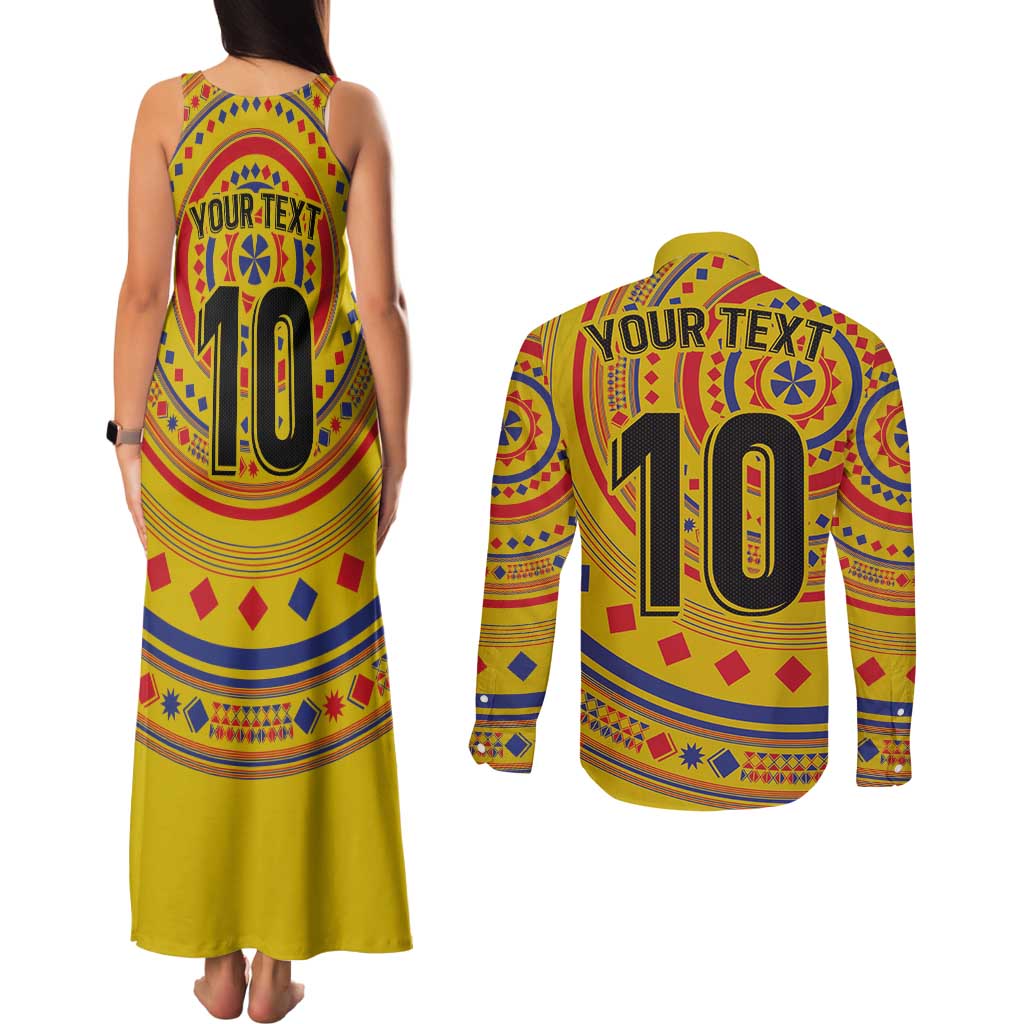 Custom Colombia Football Couples Matching Tank Maxi Dress and Long Sleeve Button Shirt Sporty Vueltiao Hat