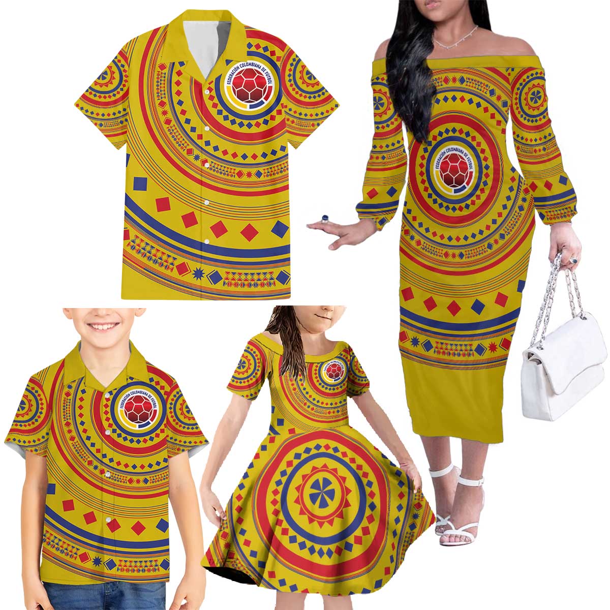 Custom Colombia Football Family Matching Off The Shoulder Long Sleeve Dress and Hawaiian Shirt Sporty Vueltiao Hat