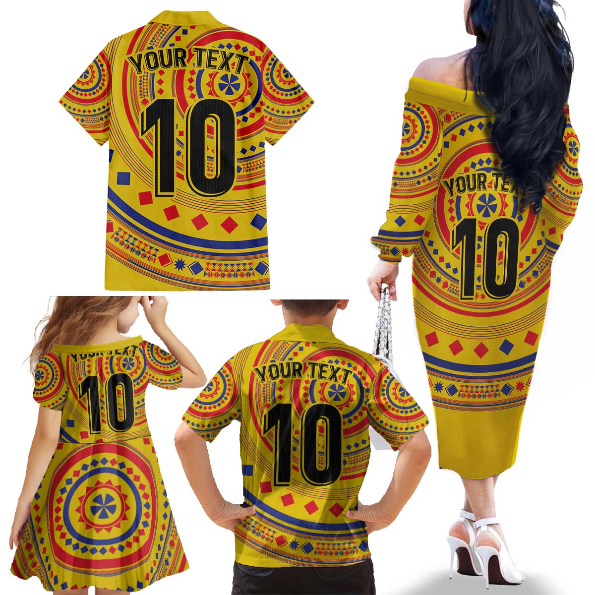Custom Colombia Football Family Matching Off The Shoulder Long Sleeve Dress and Hawaiian Shirt Sporty Vueltiao Hat