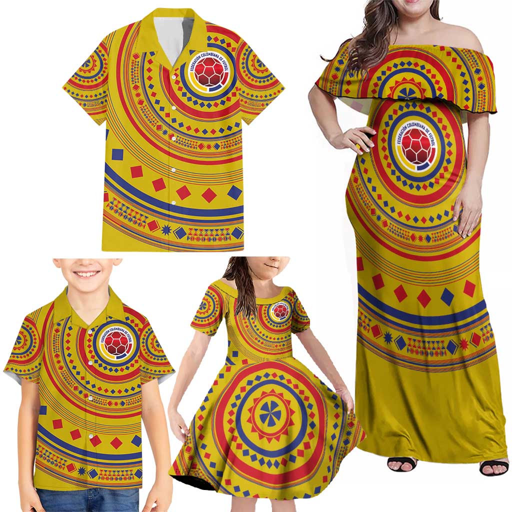 Custom Colombia Football Family Matching Off Shoulder Maxi Dress and Hawaiian Shirt Sporty Vueltiao Hat