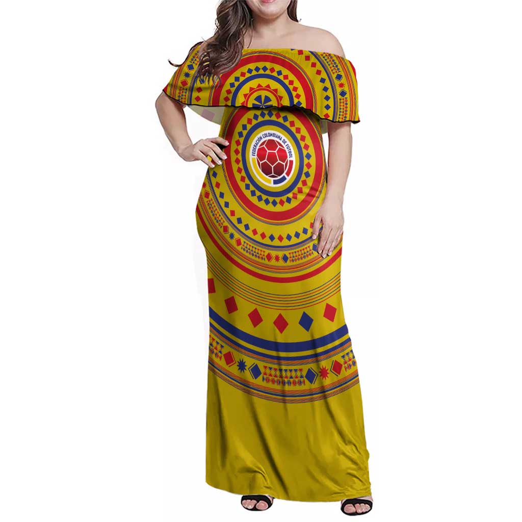 Custom Colombia Football Family Matching Off Shoulder Maxi Dress and Hawaiian Shirt Sporty Vueltiao Hat
