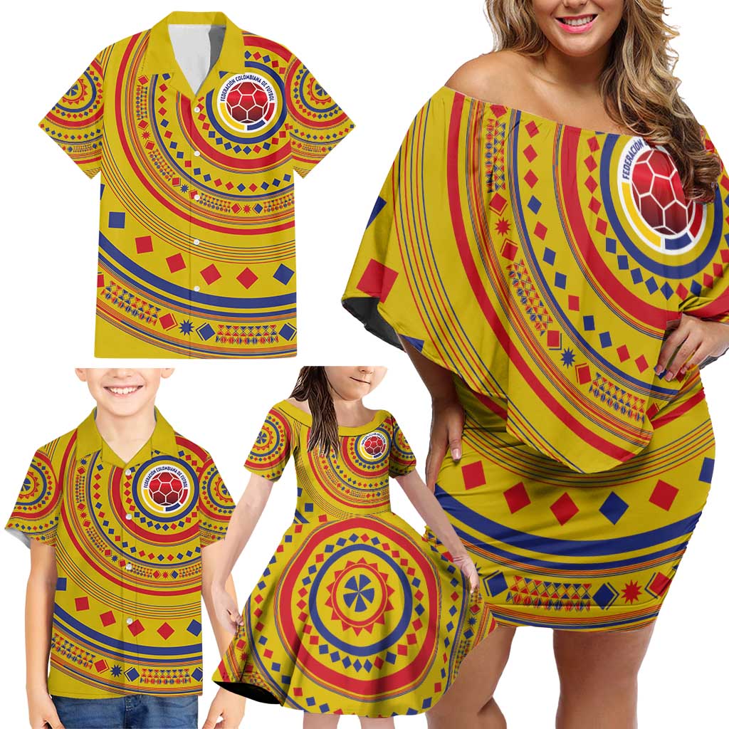 Custom Colombia Football Family Matching Off Shoulder Short Dress and Hawaiian Shirt Sporty Vueltiao Hat