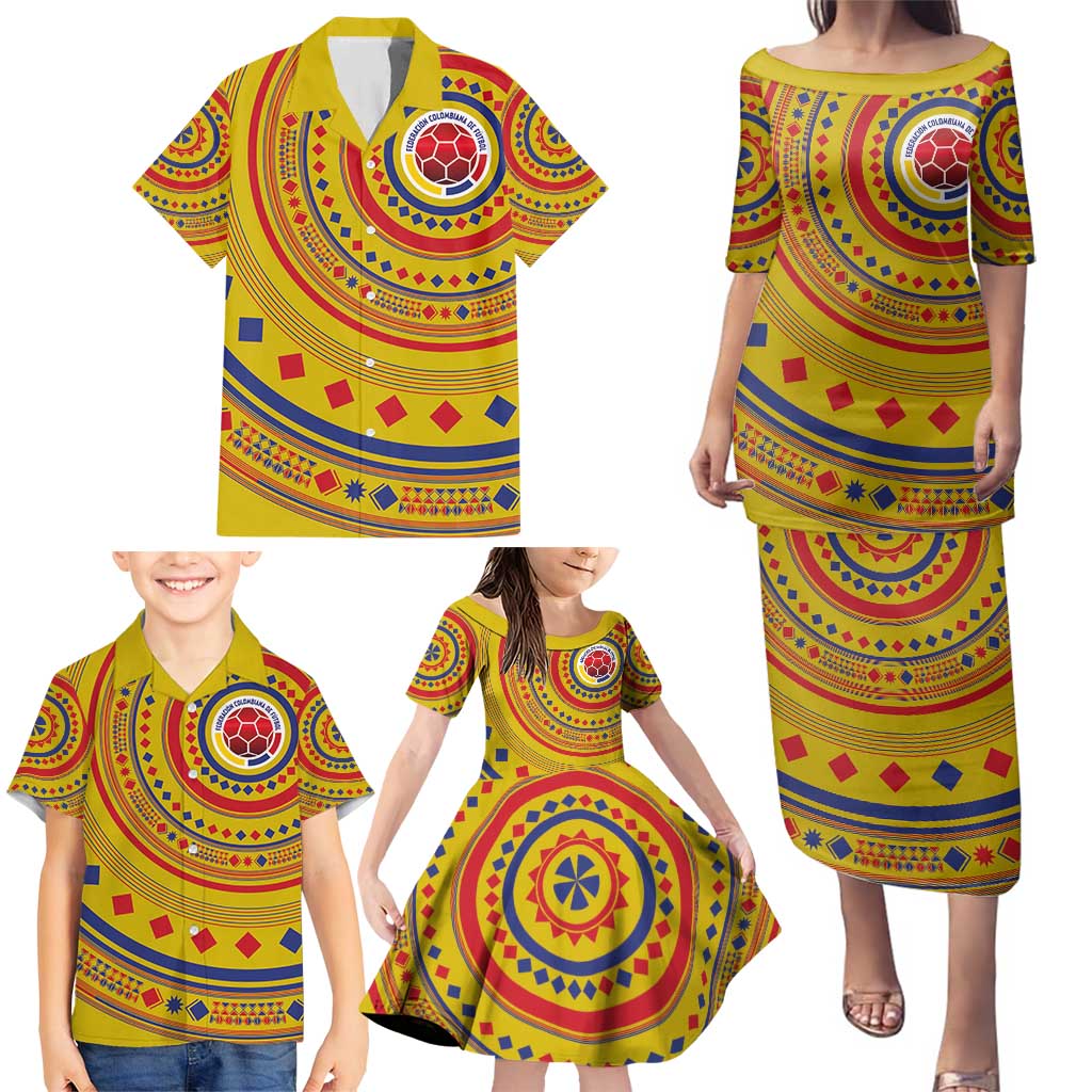 Custom Colombia Football Family Matching Puletasi and Hawaiian Shirt Sporty Vueltiao Hat