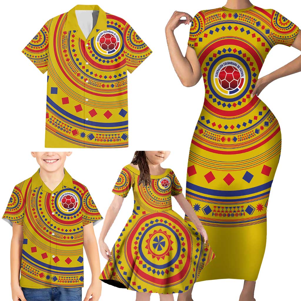 Custom Colombia Football Family Matching Short Sleeve Bodycon Dress and Hawaiian Shirt Sporty Vueltiao Hat