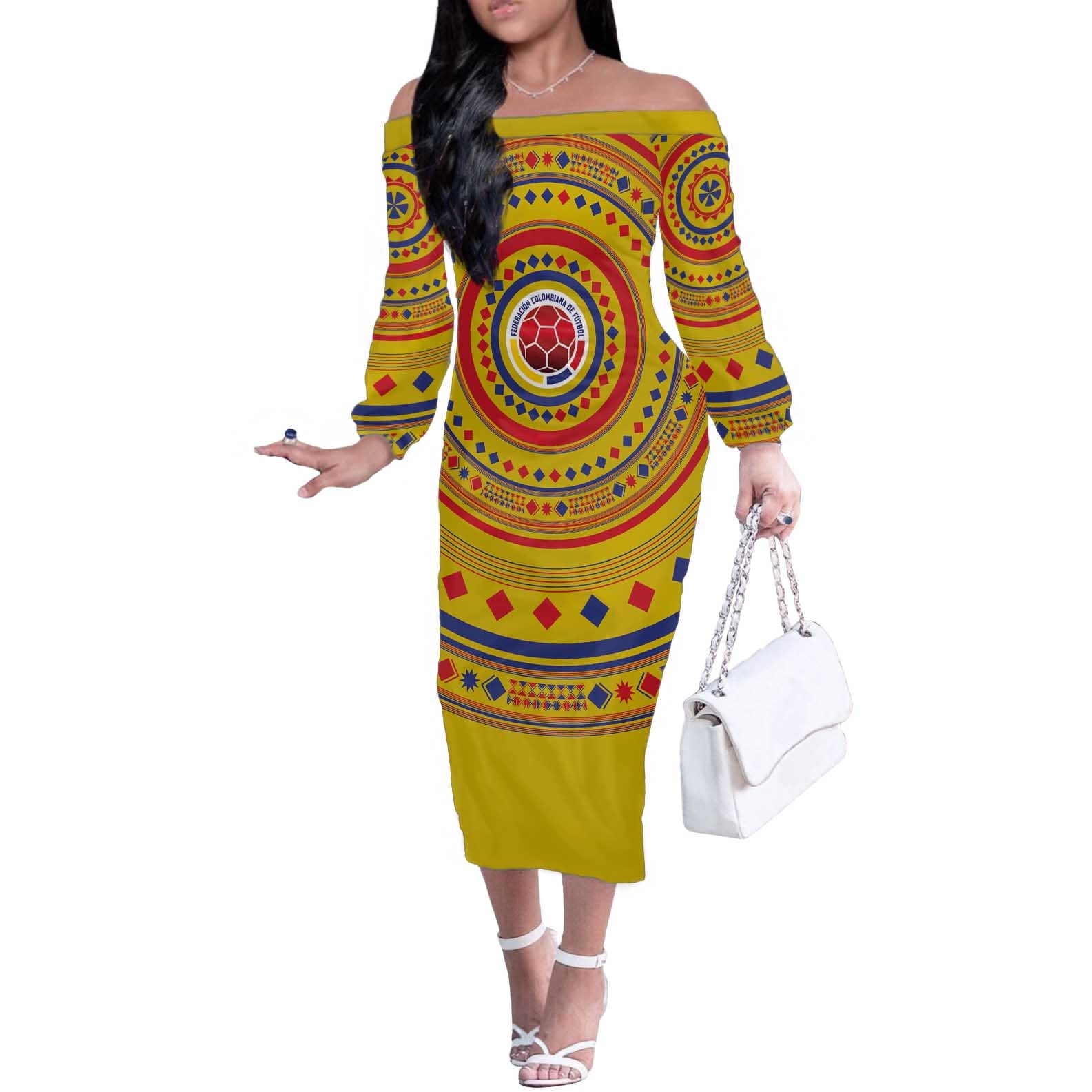 Custom Colombia Football Off The Shoulder Long Sleeve Dress Sporty Vueltiao Hat