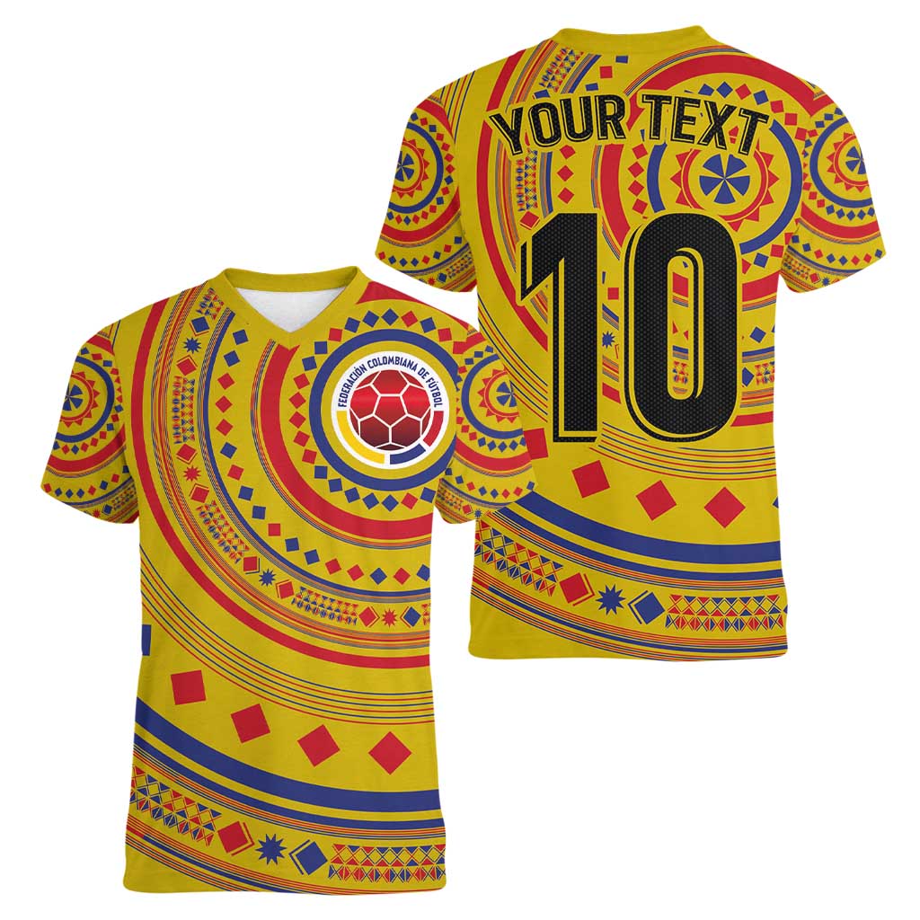 Custom Colombia Football Women V-Neck T-Shirt Sporty Vueltiao Hat