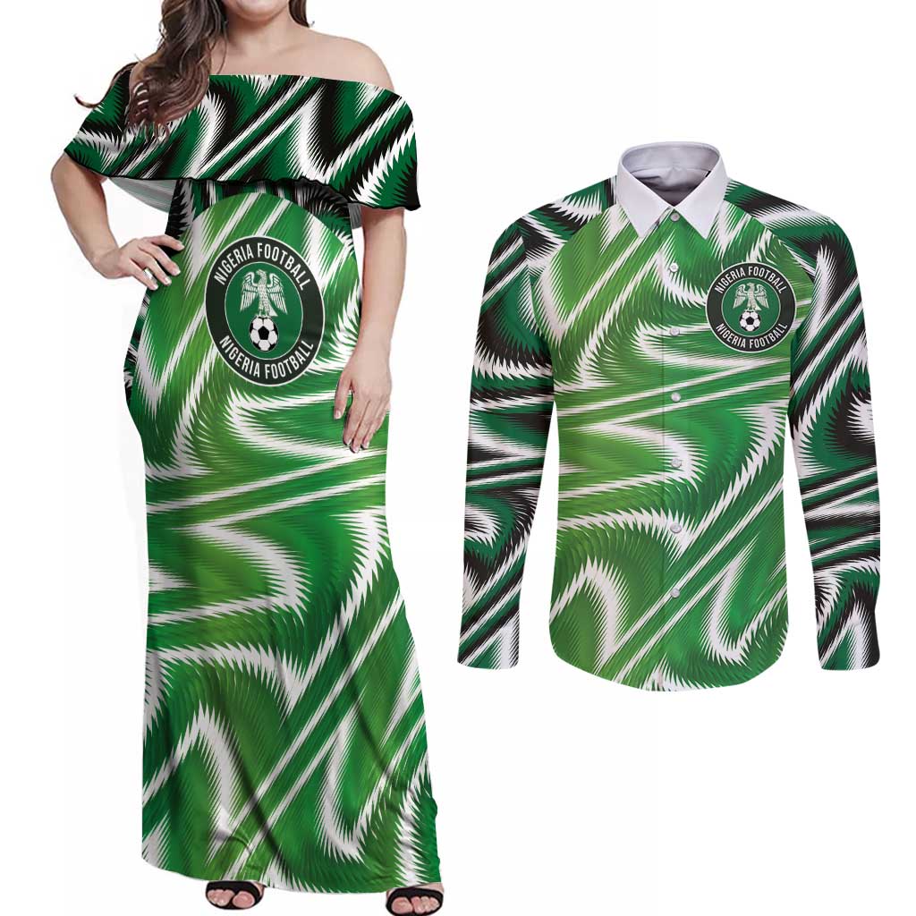 Custom Nigeria Football Couples Matching Off Shoulder Maxi Dress and Long Sleeve Button Shirt Sporty Super Eagles