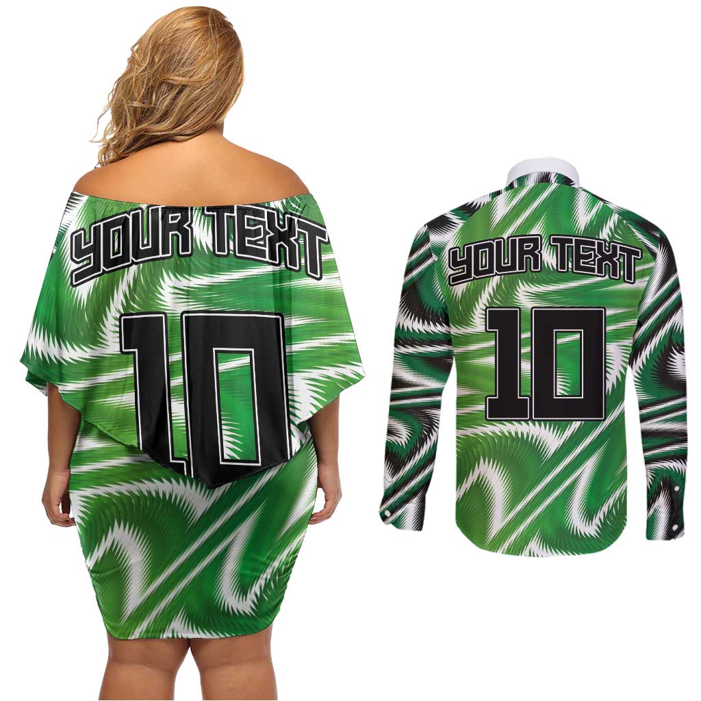 Custom Nigeria Football Couples Matching Off Shoulder Short Dress and Long Sleeve Button Shirt Sporty Super Eagles