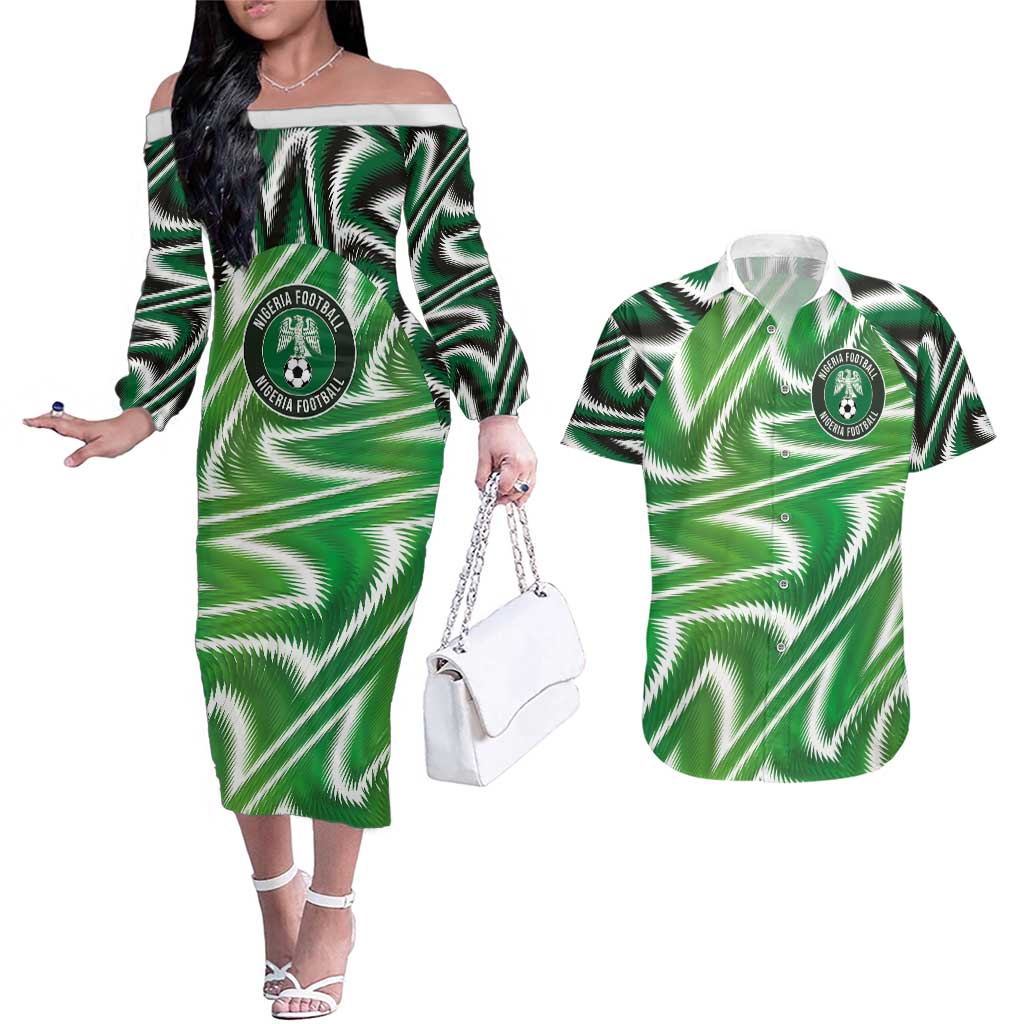 Custom Nigeria Football Couples Matching Off The Shoulder Long Sleeve Dress and Hawaiian Shirt Sporty Super Eagles