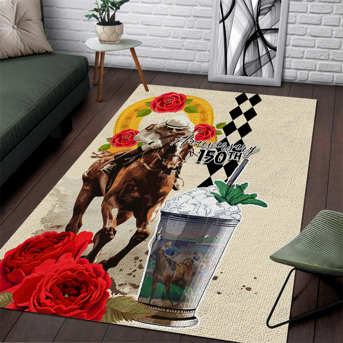 Kentucky Horse Racing 150th Anniversary Area Rug Mint Julep and Horseshoe Roses