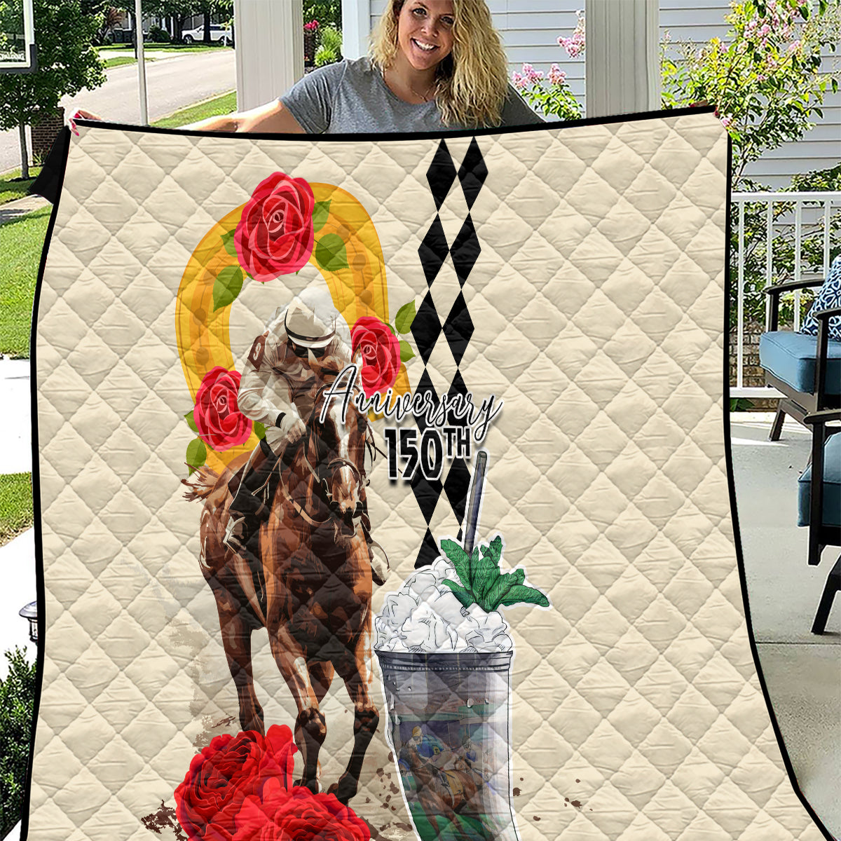 Kentucky Horse Racing 150th Anniversary Quilt Mint Julep and Horseshoe Roses
