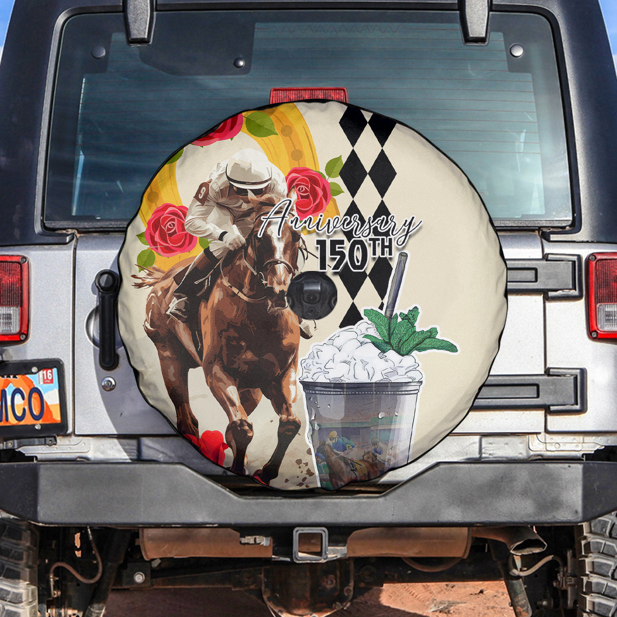 Kentucky Horse Racing 150th Anniversary Spare Tire Cover Mint Julep and Horseshoe Roses