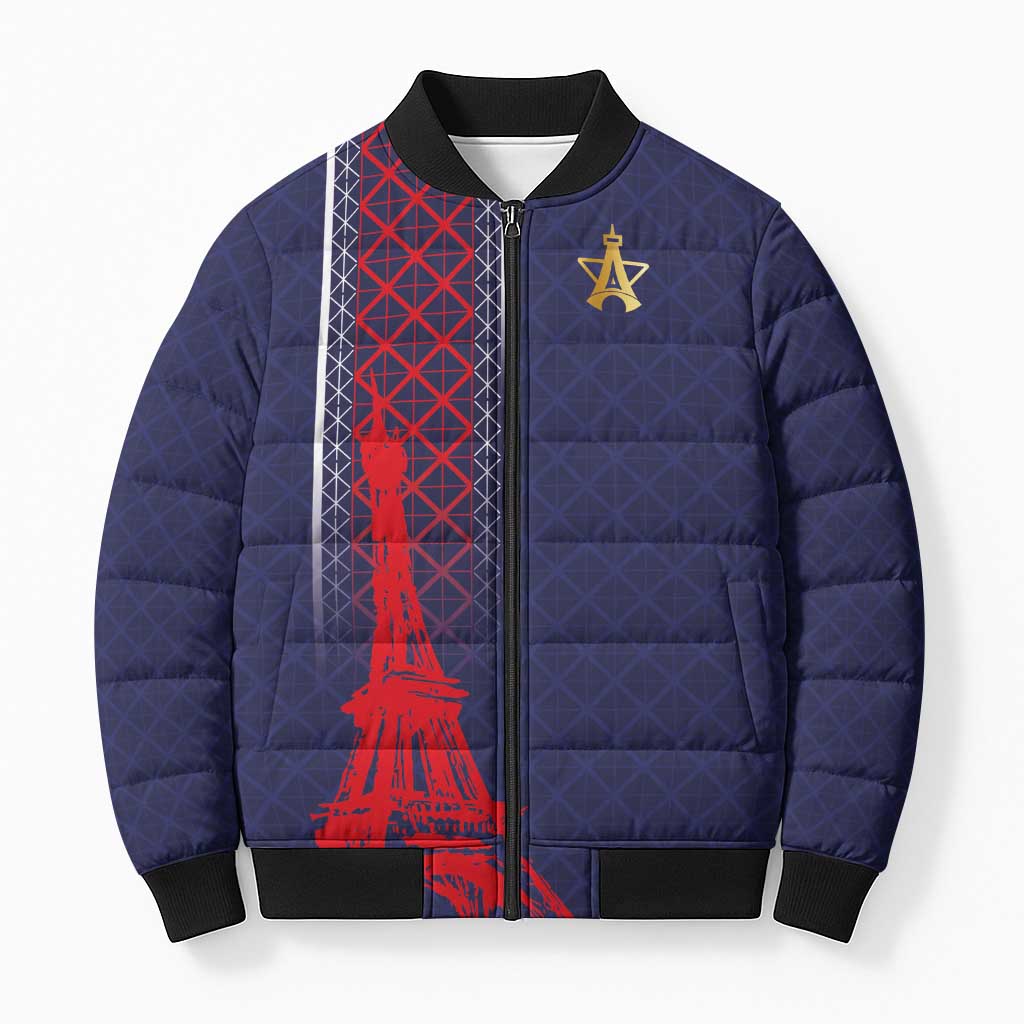 Custom Midnight Navy Football Bomber Puffer Jacket Paris Architectural Heritage Style - Wonder Print Shop