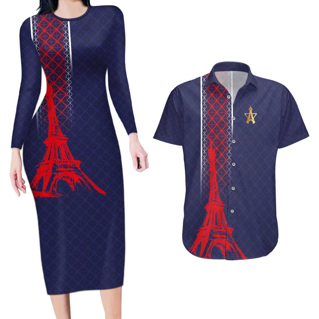 Custom Midnight Navy Football Couples Matching Long Sleeve Bodycon Dress and Hawaiian Shirt Paris Architectural Heritage Style - Wonder Print Shop