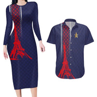 Custom Midnight Navy Football Couples Matching Long Sleeve Bodycon Dress and Hawaiian Shirt Paris Architectural Heritage Style - Wonder Print Shop