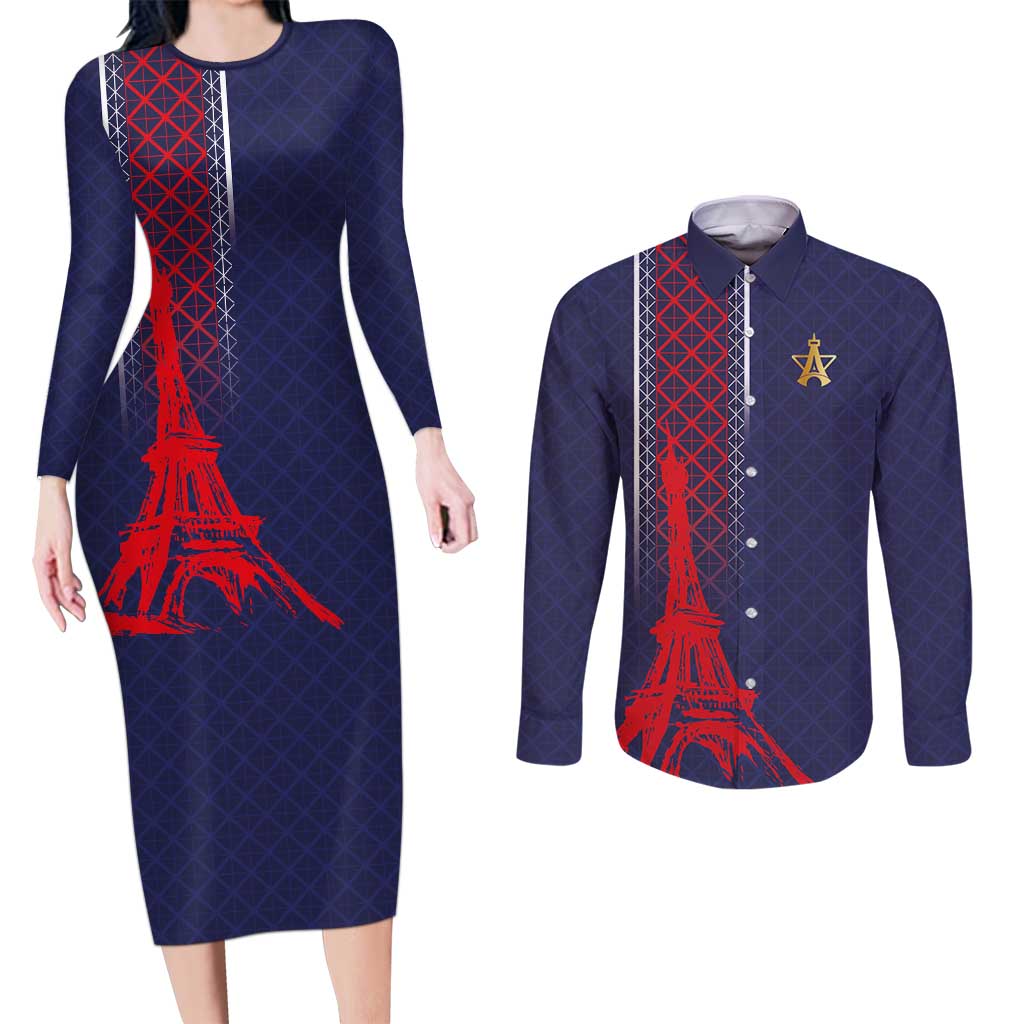 Custom Midnight Navy Football Couples Matching Long Sleeve Bodycon Dress and Long Sleeve Button Shirt Paris Architectural Heritage Style - Wonder Print Shop