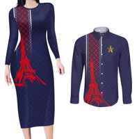 Custom Midnight Navy Football Couples Matching Long Sleeve Bodycon Dress and Long Sleeve Button Shirt Paris Architectural Heritage Style - Wonder Print Shop