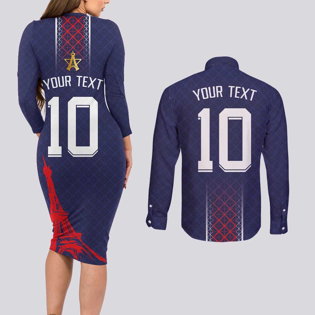 Custom Midnight Navy Football Couples Matching Long Sleeve Bodycon Dress and Long Sleeve Button Shirt Paris Architectural Heritage Style - Wonder Print Shop