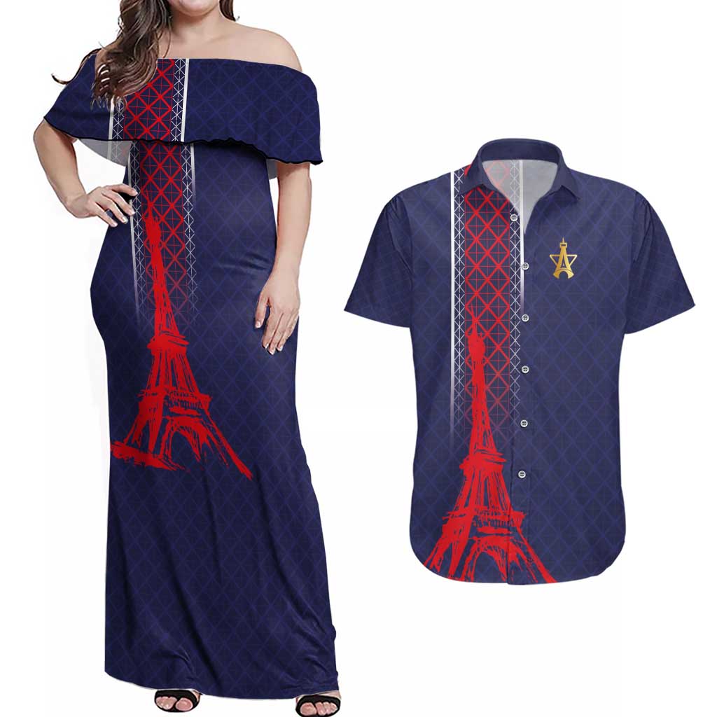 Custom Midnight Navy Football Couples Matching Off Shoulder Maxi Dress and Hawaiian Shirt Paris Architectural Heritage Style - Wonder Print Shop