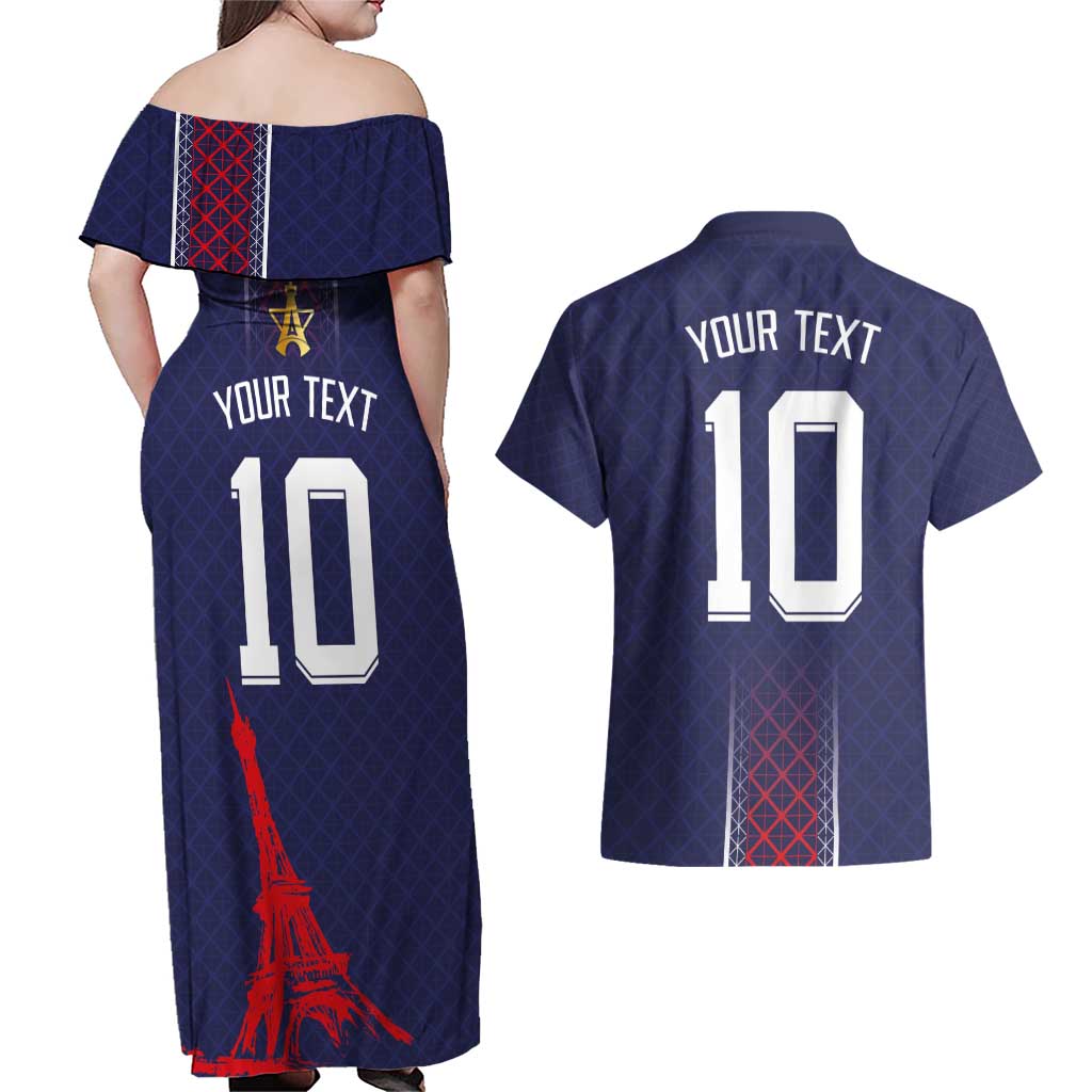 Custom Midnight Navy Football Couples Matching Off Shoulder Maxi Dress and Hawaiian Shirt Paris Architectural Heritage Style - Wonder Print Shop