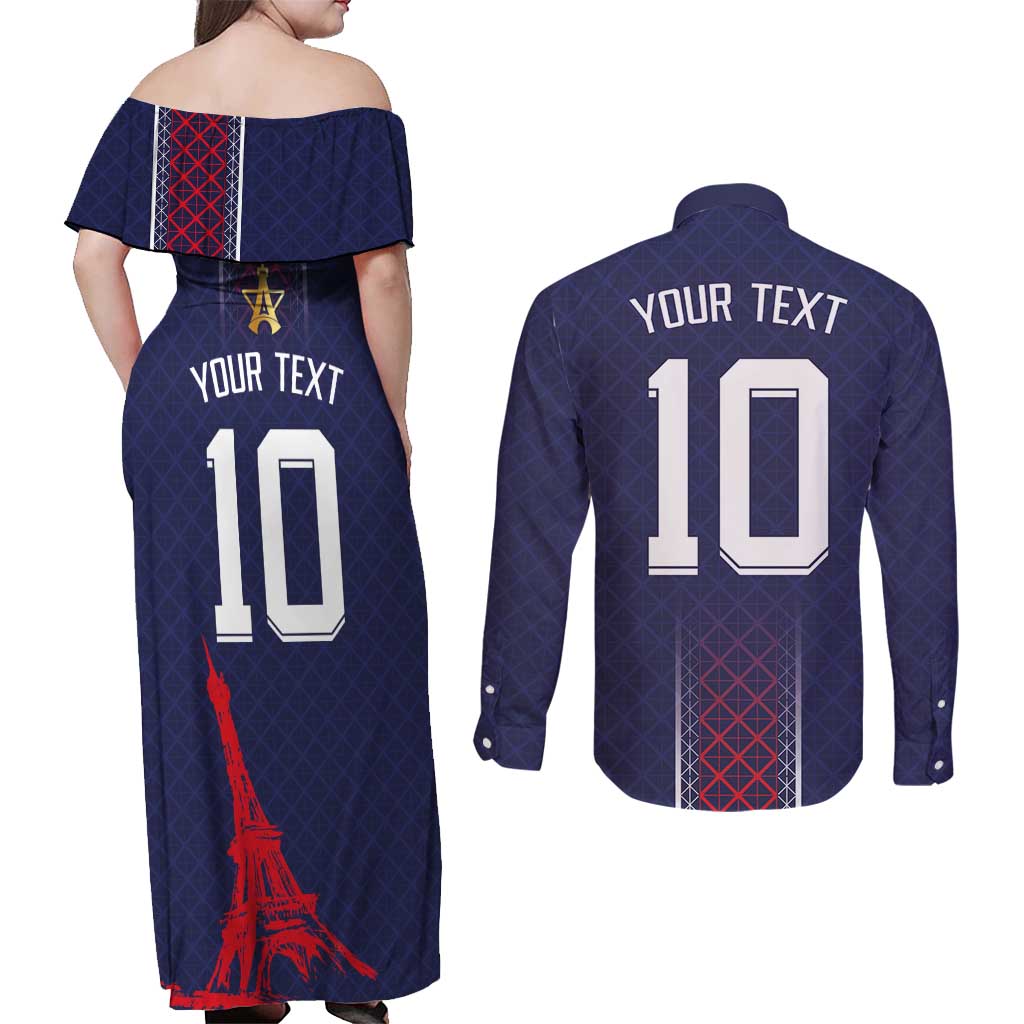 Custom Midnight Navy Football Couples Matching Off Shoulder Maxi Dress and Long Sleeve Button Shirt Paris Architectural Heritage Style - Wonder Print Shop
