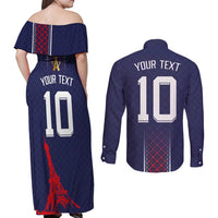 Custom Midnight Navy Football Couples Matching Off Shoulder Maxi Dress and Long Sleeve Button Shirt Paris Architectural Heritage Style - Wonder Print Shop