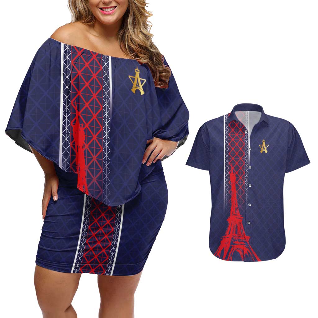 Custom Midnight Navy Football Couples Matching Off Shoulder Short Dress and Hawaiian Shirt Paris Architectural Heritage Style - Wonder Print Shop