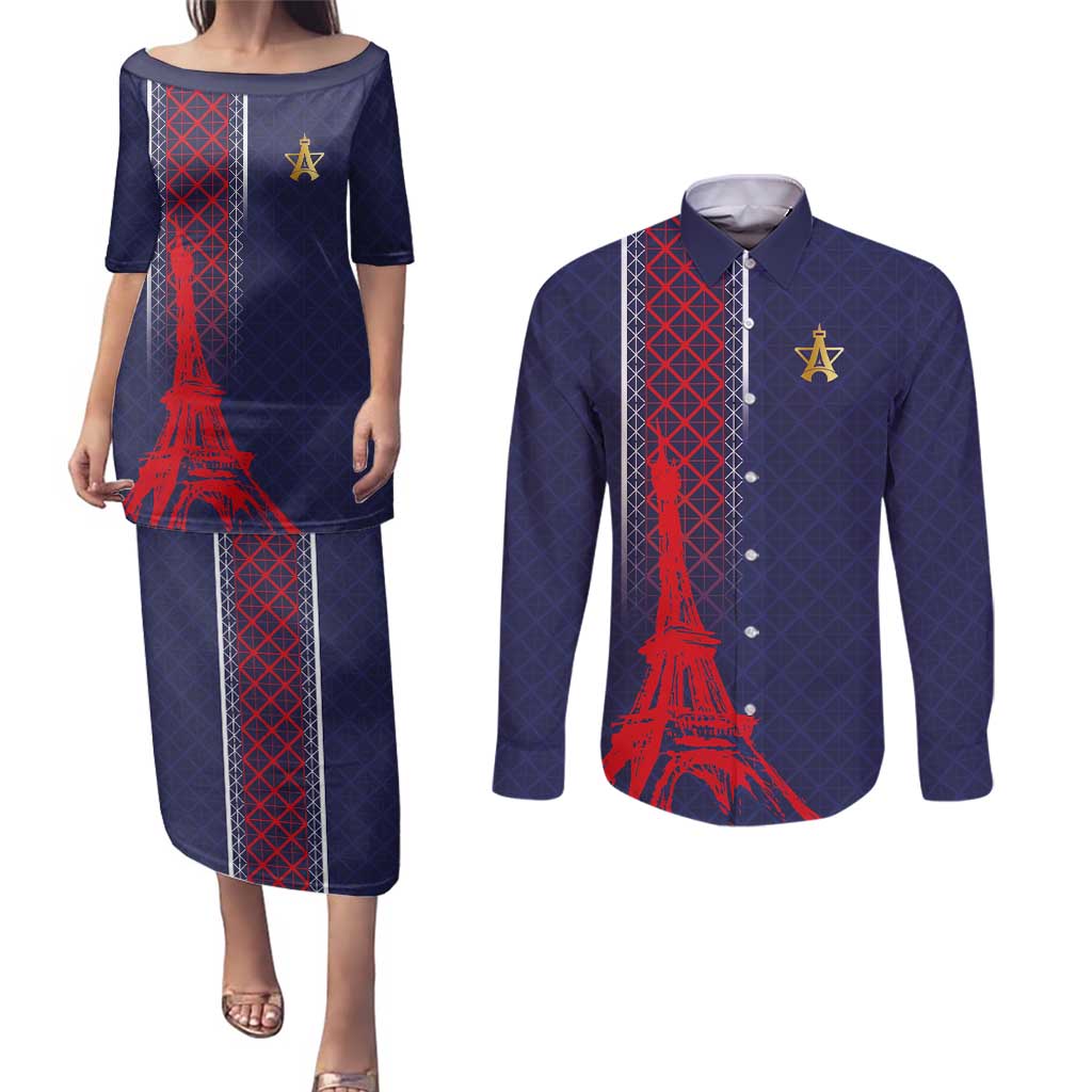 Custom Midnight Navy Football Couples Matching Puletasi and Long Sleeve Button Shirt Paris Architectural Heritage Style - Wonder Print Shop