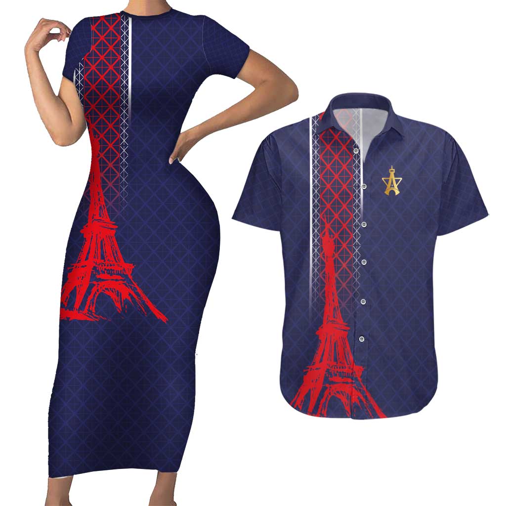 Custom Midnight Navy Football Couples Matching Short Sleeve Bodycon Dress and Hawaiian Shirt Paris Architectural Heritage Style - Wonder Print Shop