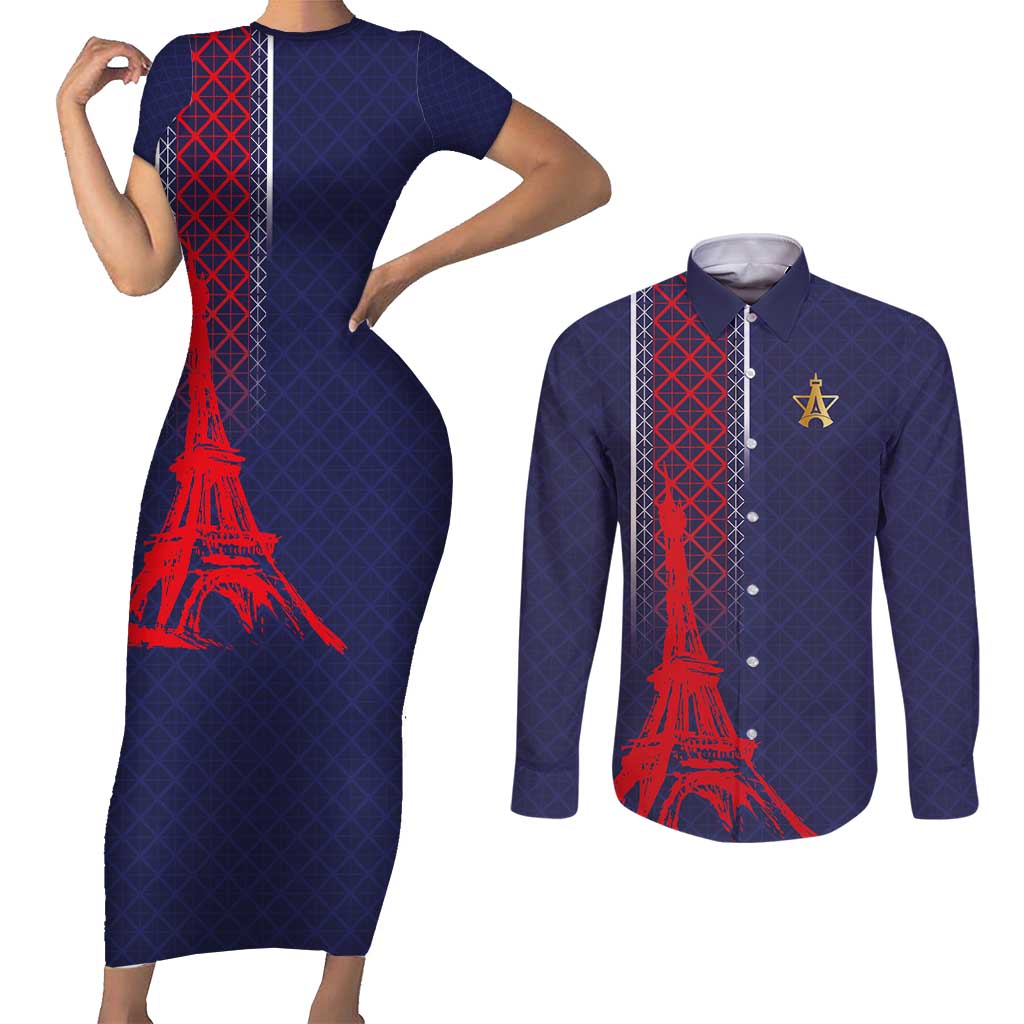 Custom Midnight Navy Football Couples Matching Short Sleeve Bodycon Dress and Long Sleeve Button Shirt Paris Architectural Heritage Style - Wonder Print Shop
