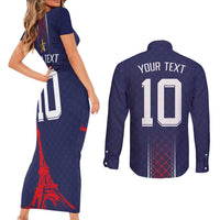 Custom Midnight Navy Football Couples Matching Short Sleeve Bodycon Dress and Long Sleeve Button Shirt Paris Architectural Heritage Style - Wonder Print Shop