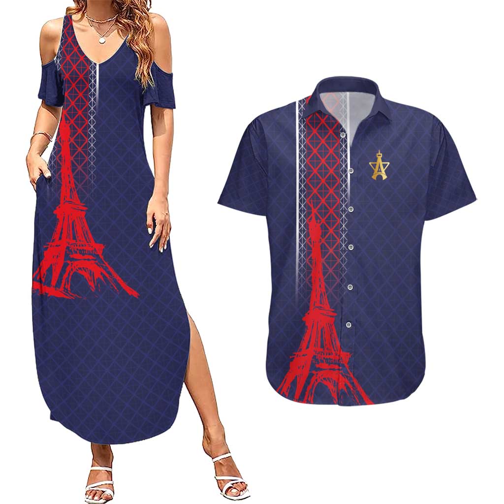 Custom Midnight Navy Football Couples Matching Summer Maxi Dress and Hawaiian Shirt Paris Architectural Heritage Style - Wonder Print Shop