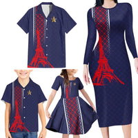 Custom Midnight Navy Football Family Matching Long Sleeve Bodycon Dress and Hawaiian Shirt Paris Architectural Heritage Style - Wonder Print Shop