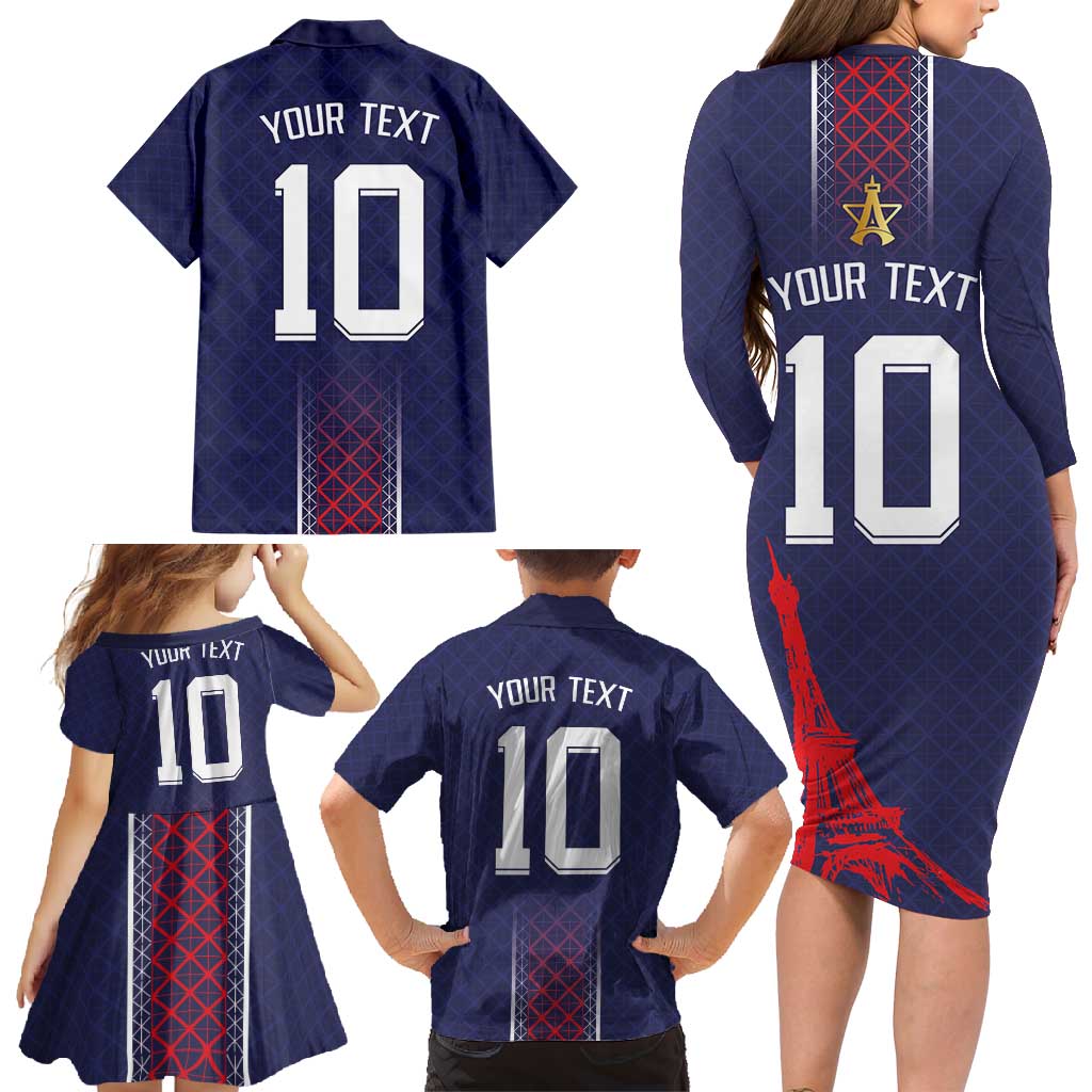 Custom Midnight Navy Football Family Matching Long Sleeve Bodycon Dress and Hawaiian Shirt Paris Architectural Heritage Style - Wonder Print Shop