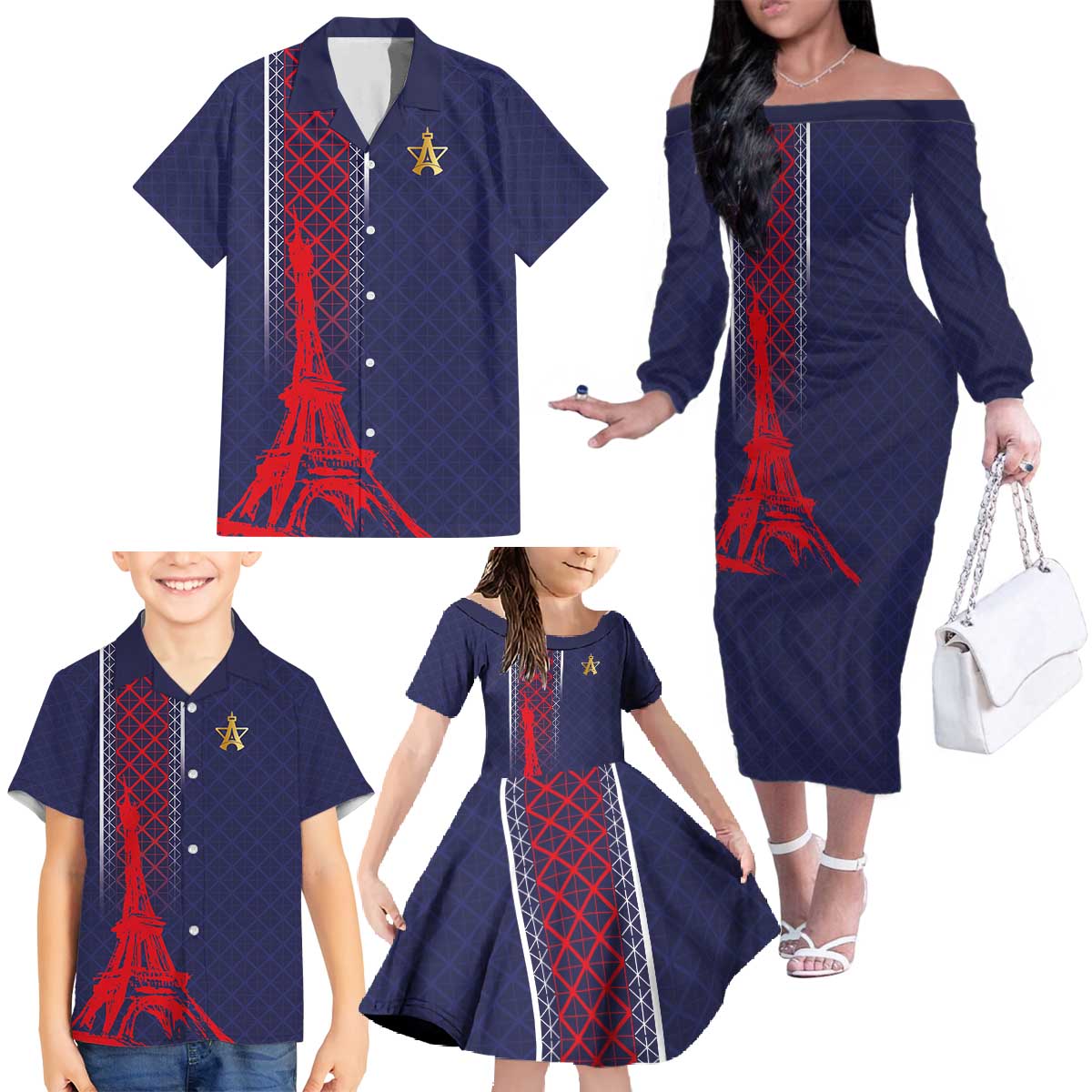Custom Midnight Navy Football Family Matching Off The Shoulder Long Sleeve Dress and Hawaiian Shirt Paris Architectural Heritage Style - Wonder Print Shop