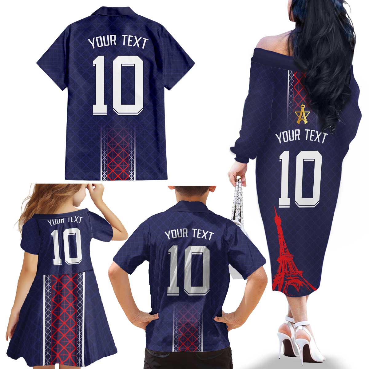Custom Midnight Navy Football Family Matching Off The Shoulder Long Sleeve Dress and Hawaiian Shirt Paris Architectural Heritage Style - Wonder Print Shop
