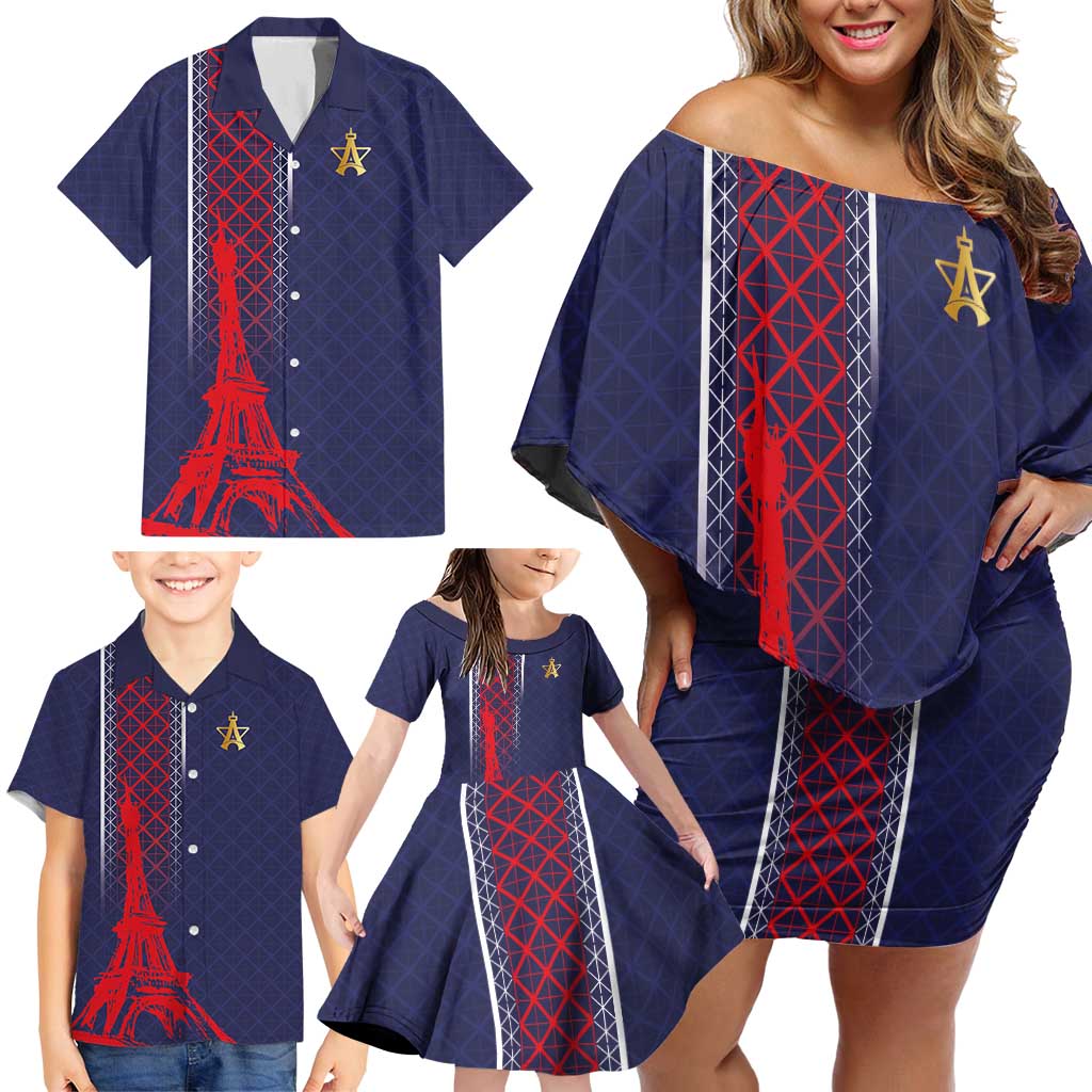 Custom Midnight Navy Football Family Matching Off Shoulder Short Dress and Hawaiian Shirt Paris Architectural Heritage Style - Wonder Print Shop