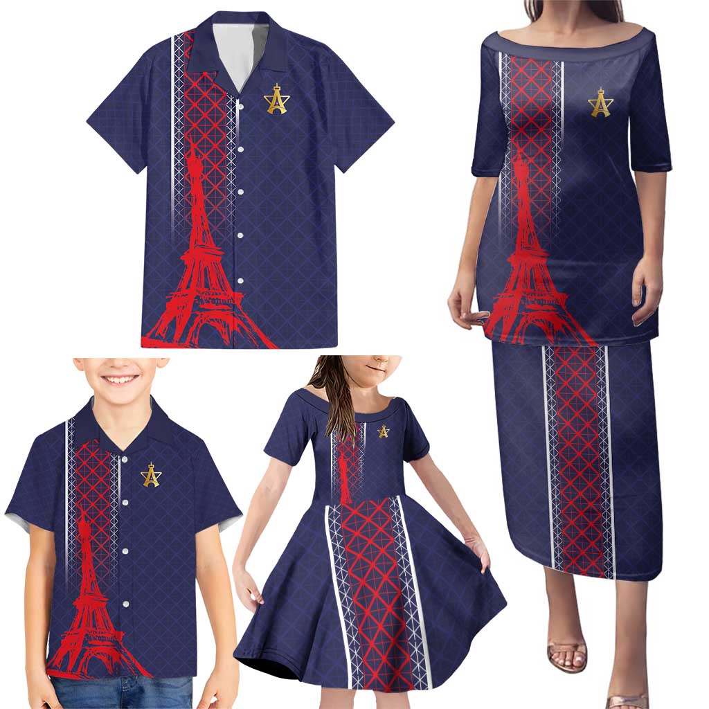Custom Midnight Navy Football Family Matching Puletasi and Hawaiian Shirt Paris Architectural Heritage Style - Wonder Print Shop