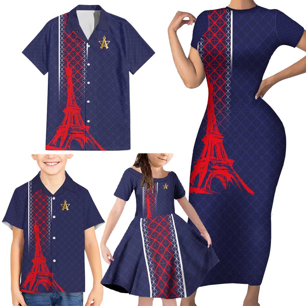 Custom Midnight Navy Football Family Matching Short Sleeve Bodycon Dress and Hawaiian Shirt Paris Architectural Heritage Style - Wonder Print Shop