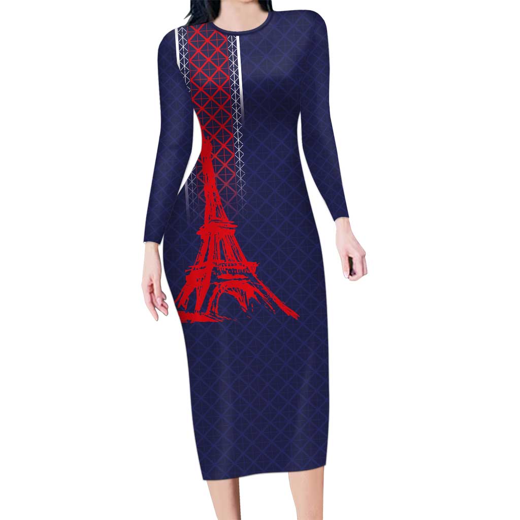 Custom Midnight Navy Football Long Sleeve Bodycon Dress Paris Architectural Heritage Style - Wonder Print Shop